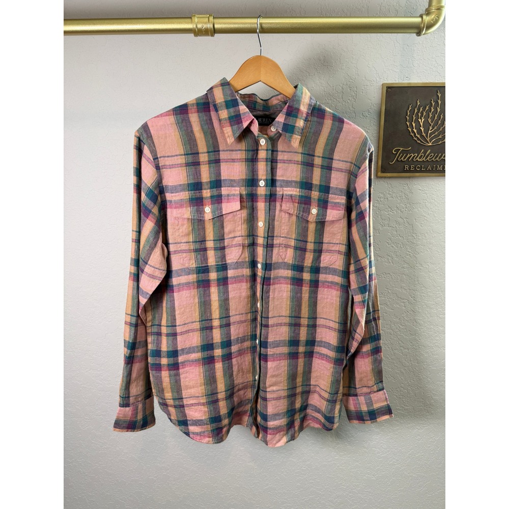 Lauren Ralph Lauren Pink Multi Plaid 100% Linen Button Down Shirt Small NWT